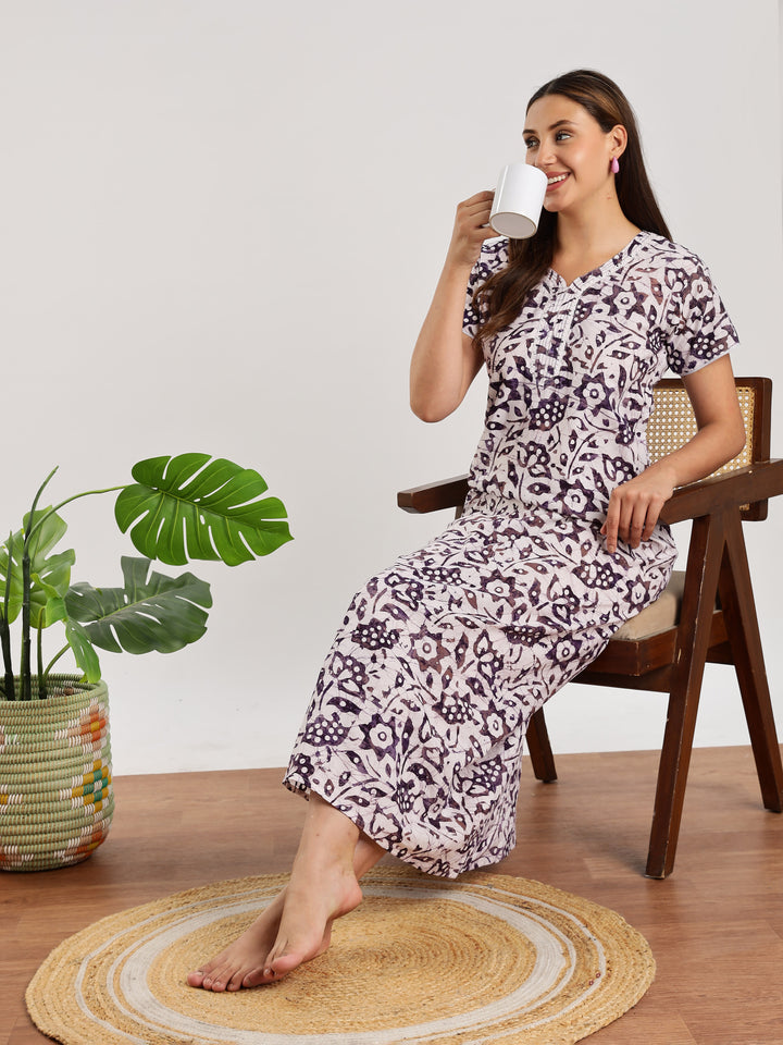 Purple Batik Print Pure Cotton Nighty for Women
