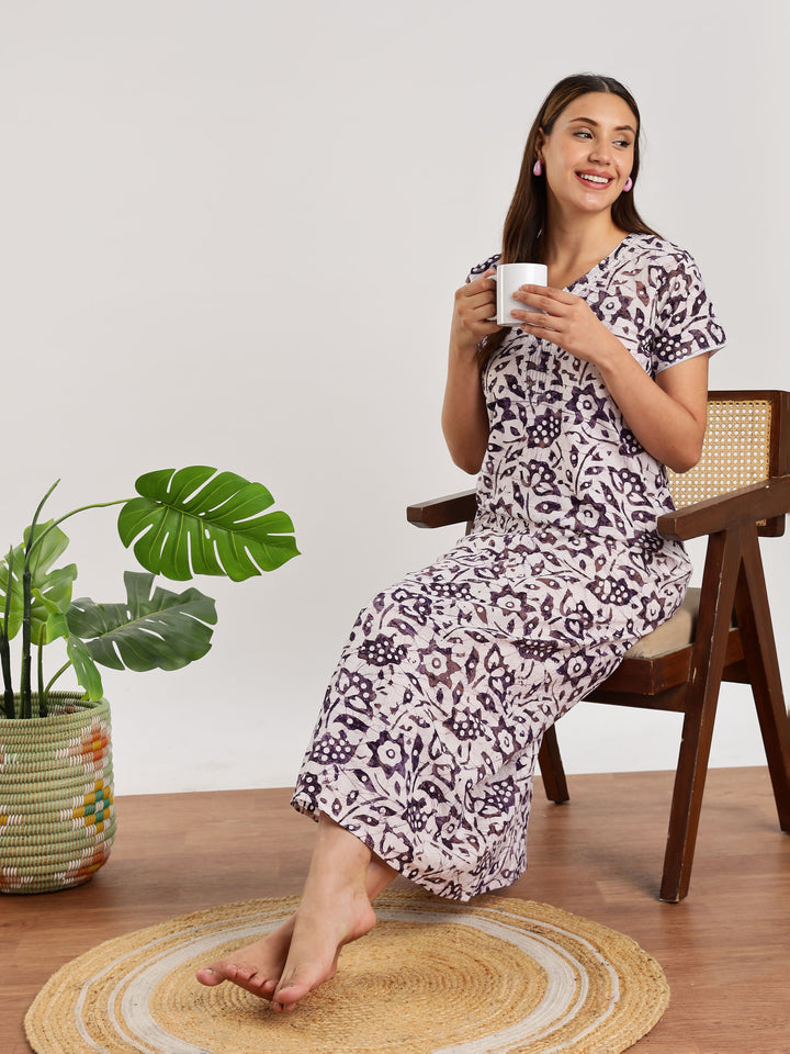 Purple Batik Print Pure Cotton Nighty for Women
