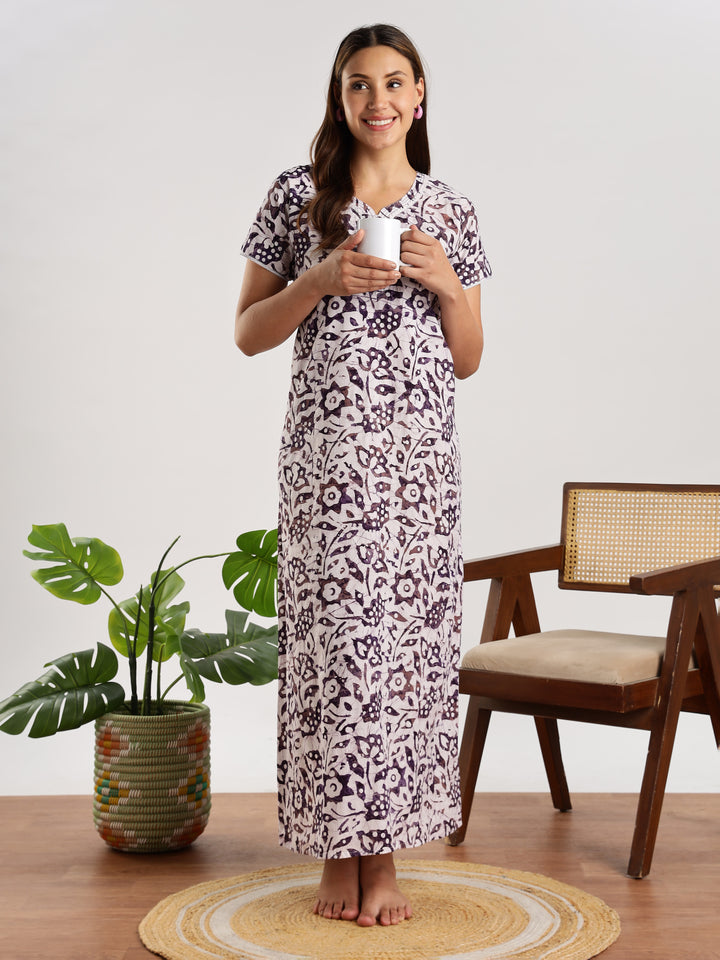 Purple Batik Print Pure Cotton Nighty for Women