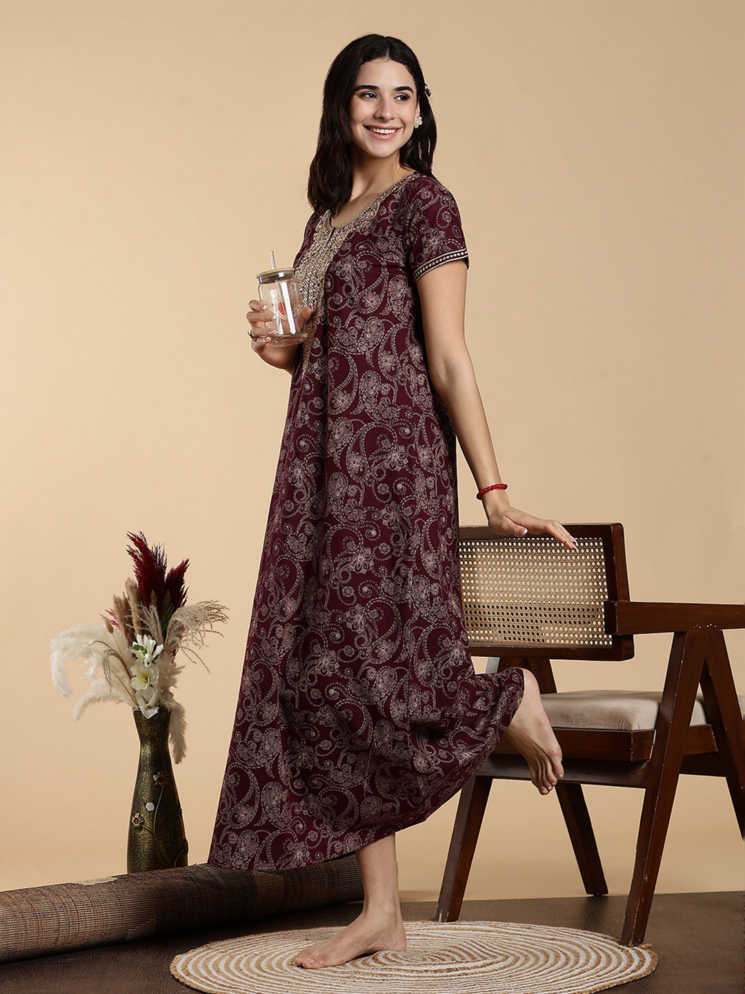 Festive Purple Shine Jaipuri Cotton Nighty for Women