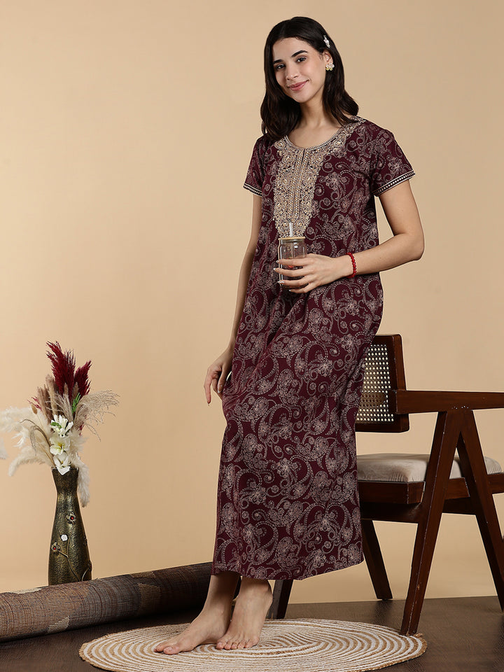 Festive Purple Shine Jaipuri Cotton Nighty for Women