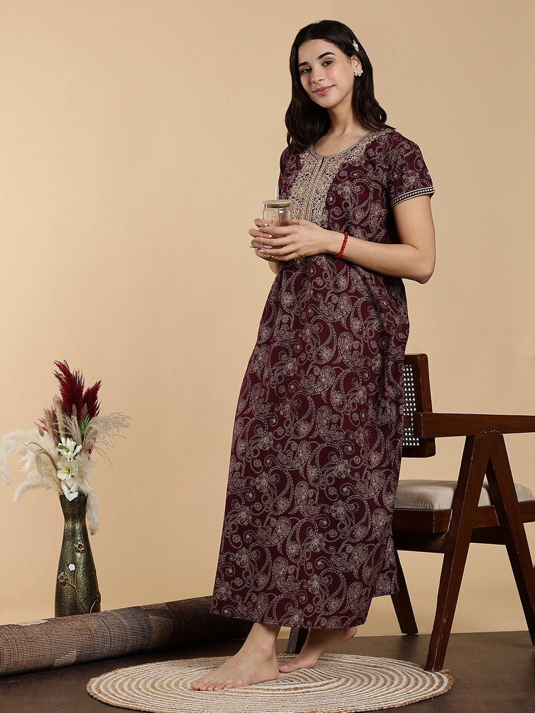 Festive Purple Shine Jaipuri Cotton Nighty for Women