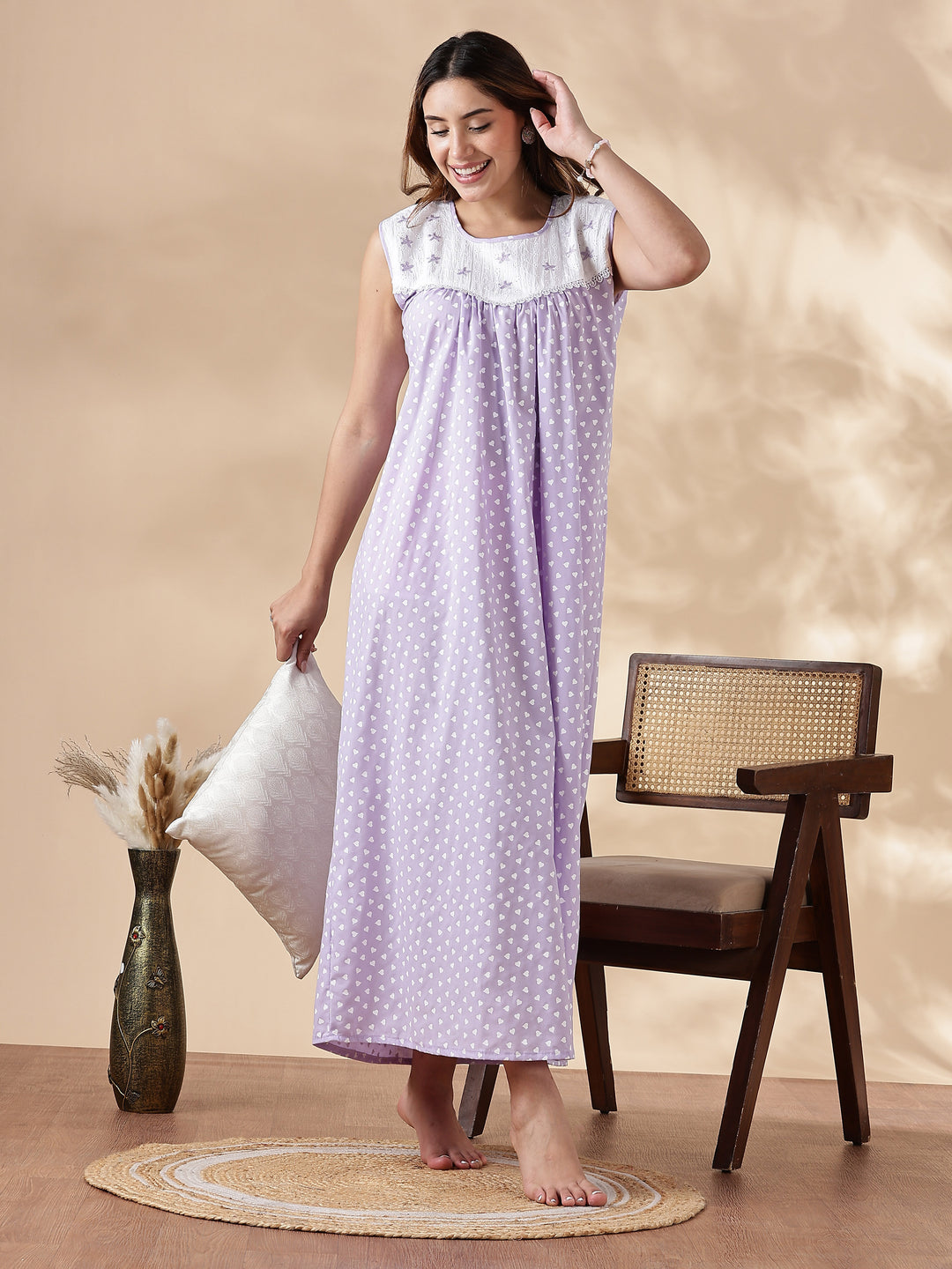 Purple Cotton Sleeveless Nighty for Women with Lace