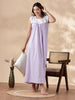 Purple Cotton Sleeveless Nighty for Women with Schiffli Lace Yoke & Floral Print
