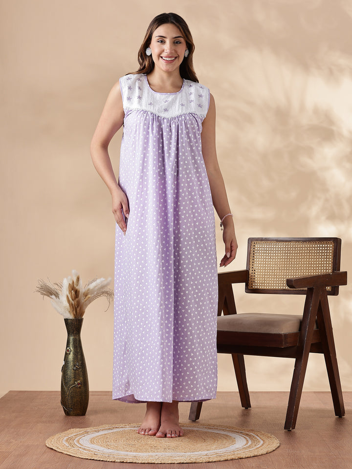 Purple Cotton Sleeveless Nighty for Women with Lace