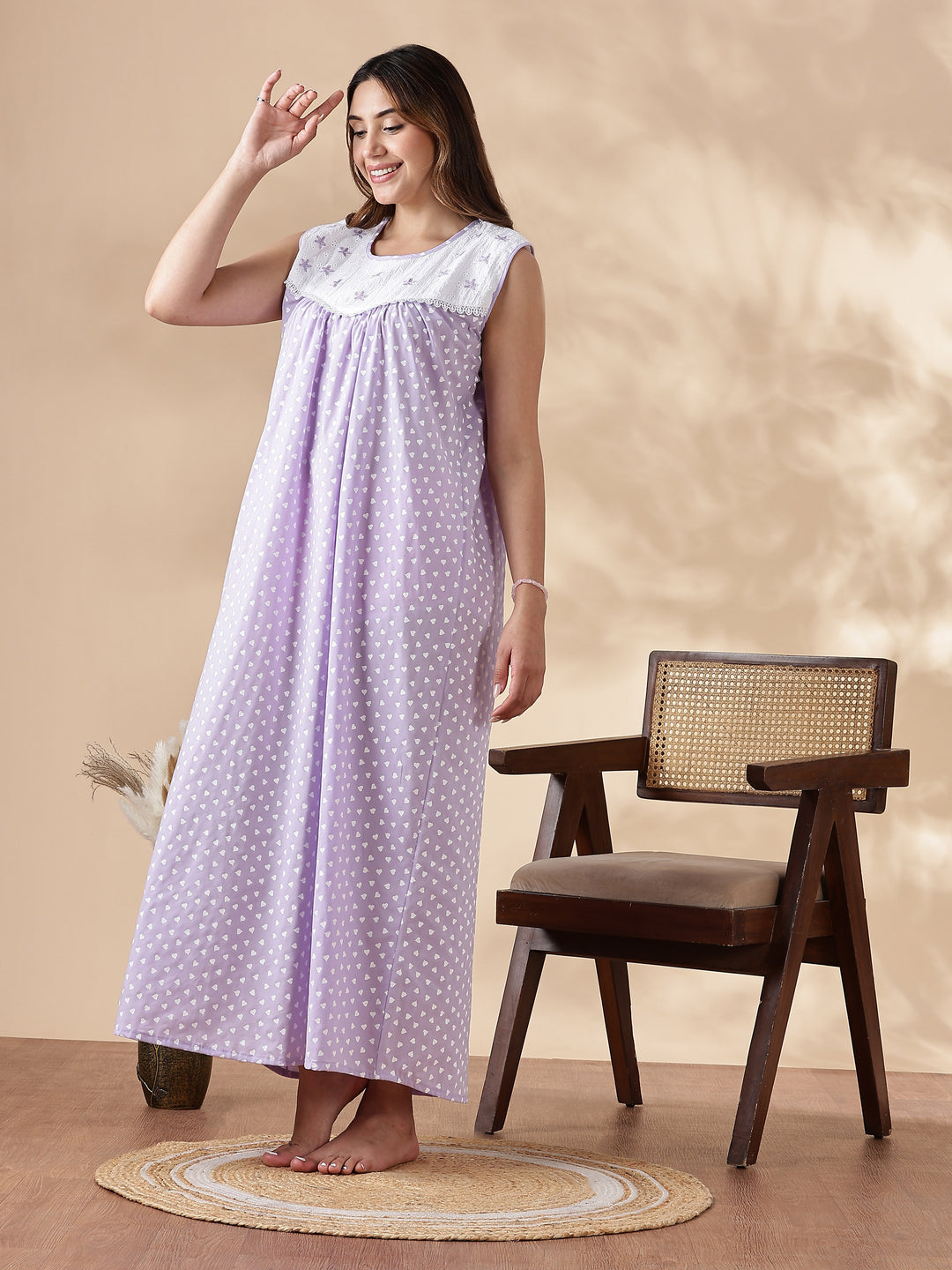 Purple Cotton Sleeveless Nighty for Women with Lace