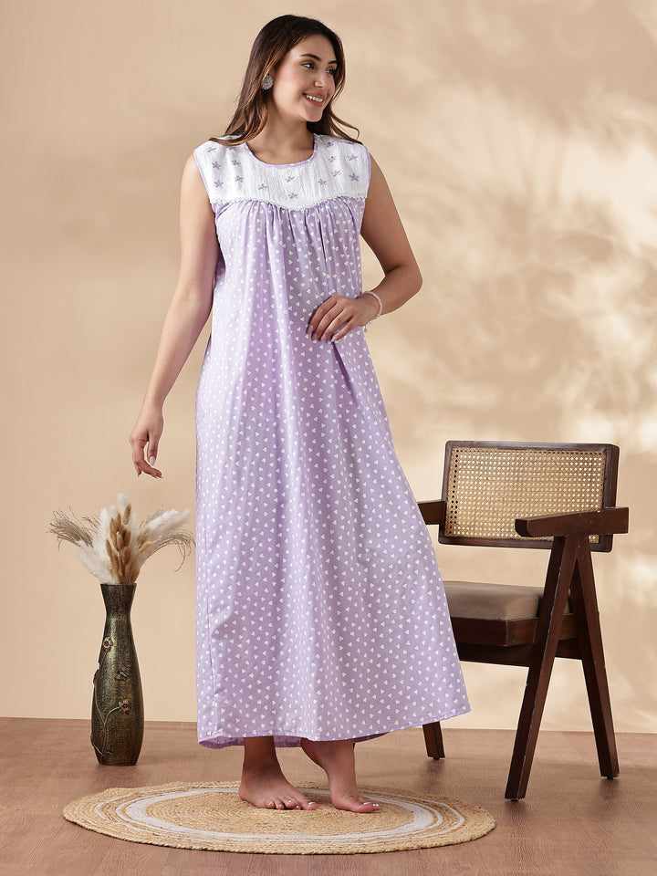 Purple Cotton Sleeveless Nighty for Women with Lace
