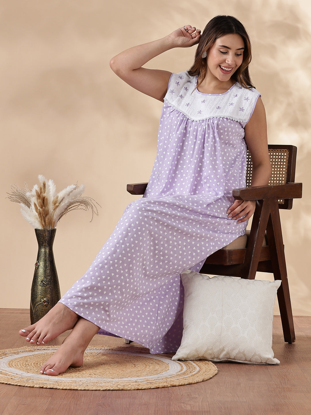 Purple Cotton Sleeveless Nighty for Women with Lace