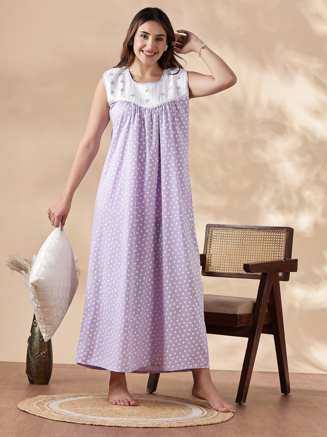 Purple Cotton Sleeveless Nighty for Women with Lace