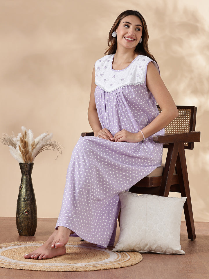 Purple Cotton Sleeveless Nighty for Women with Lace