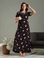 Hosiery Floral Brown Cotton Zip Nighty For Women