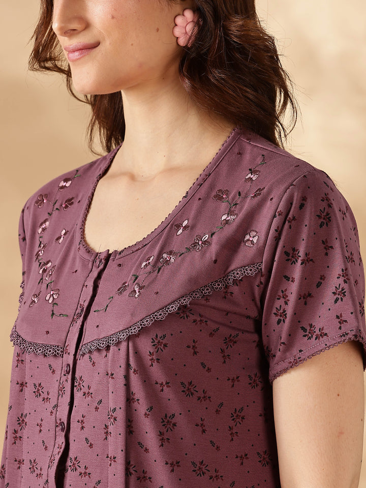 Comfortable And Cozy Smoky Purple Feeding Nighty for Women