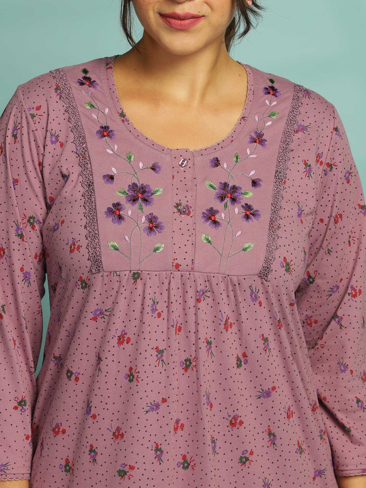 Purple Floral Embroidered Nighty for Women With Pocket