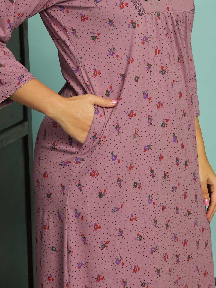Purple Floral Embroidered Nighty for Women With Pocket
