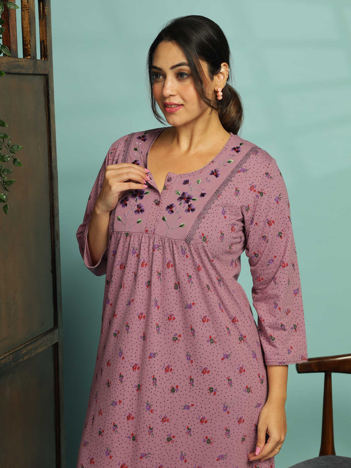 Purple Floral Embroidered Nighty for Women With Pocket