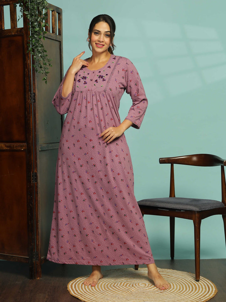 Purple Floral Embroidered Nighty for Women With Pocket