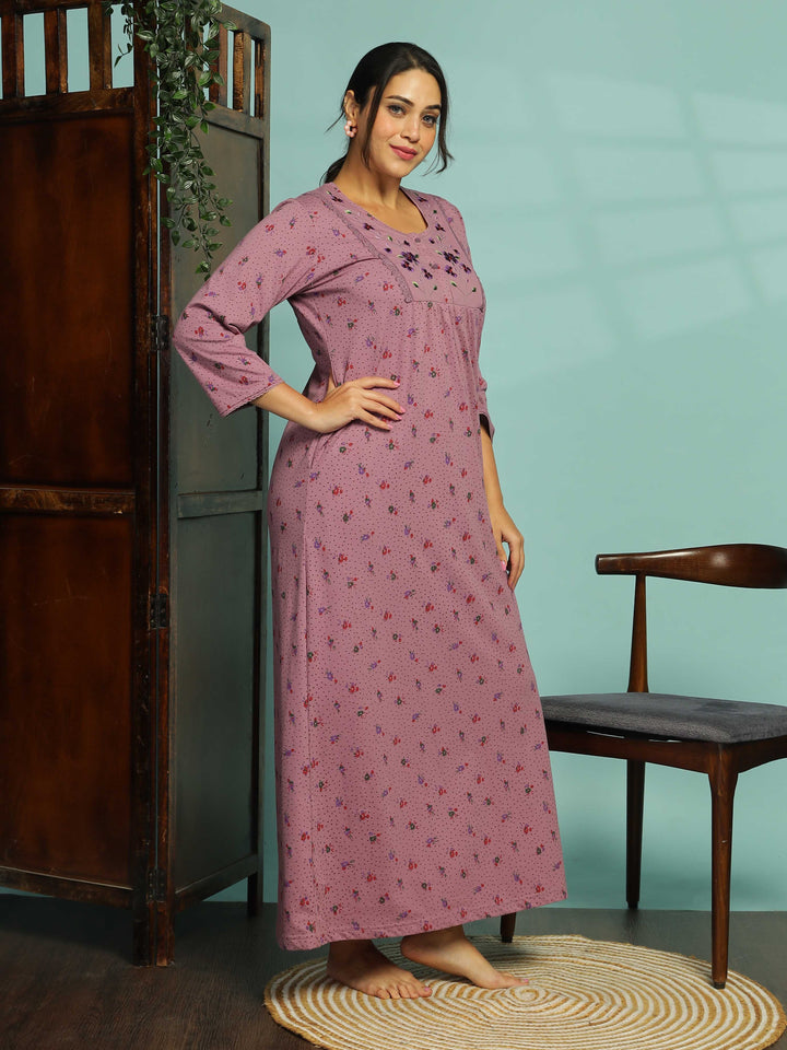Purple Floral Embroidered Nighty for Women With Pocket