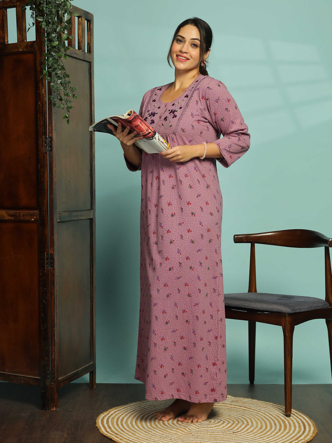 Purple Floral Embroidered Nighty for Women With Pocket