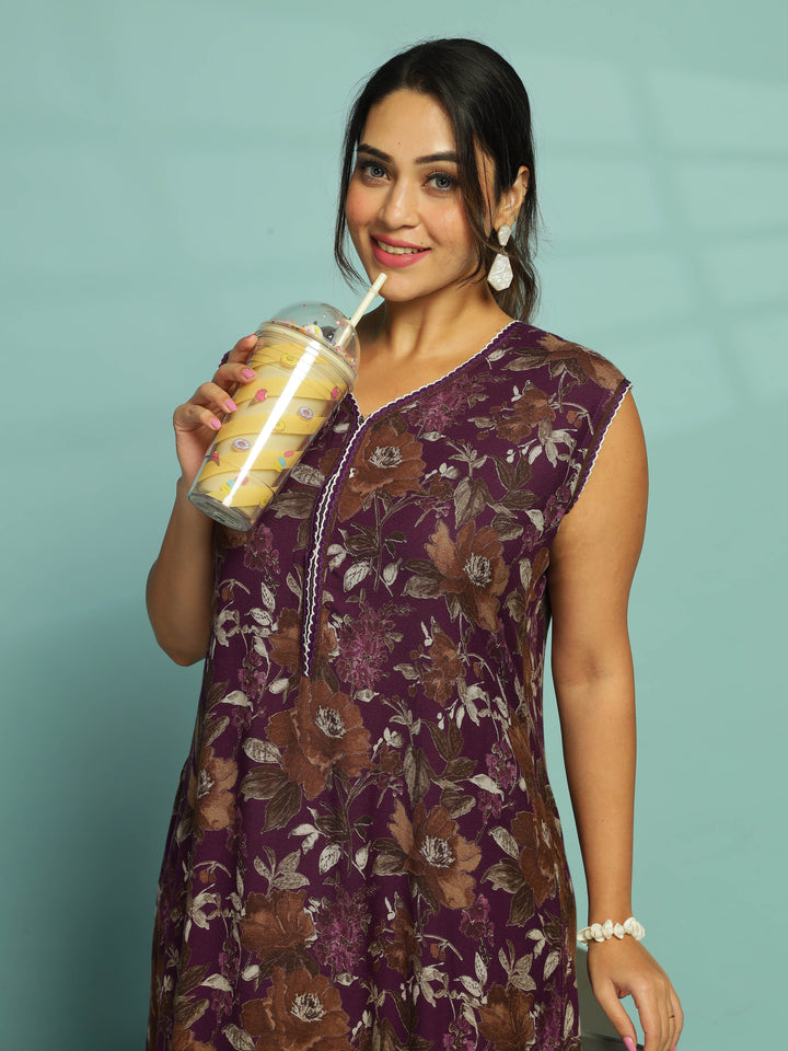 Purple Floral Sleeveless Night Dress For Women