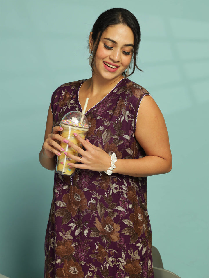 Purple Floral Sleeveless Night Dress For Women