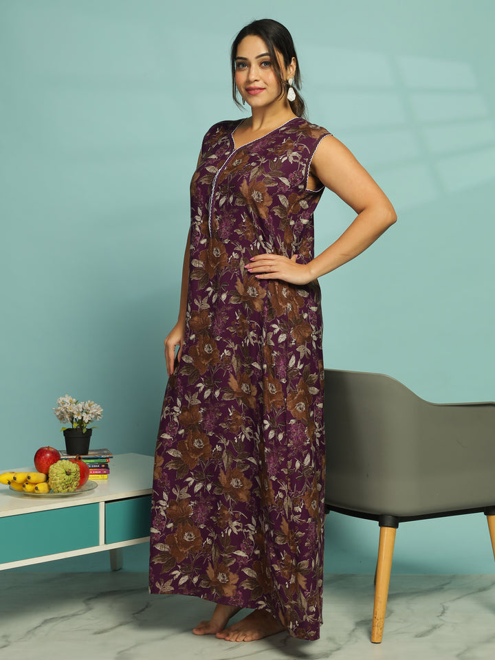 Purple Floral Sleeveless Night Dress For Women