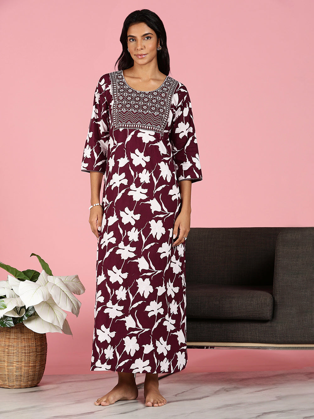 Purple Jaipuri Pure Cotton Nighty for Women With Embroidery