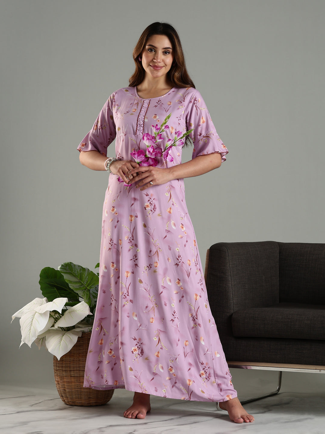 Rayon Fabric Light Purple Floral Print Ladies Nighty Dress
