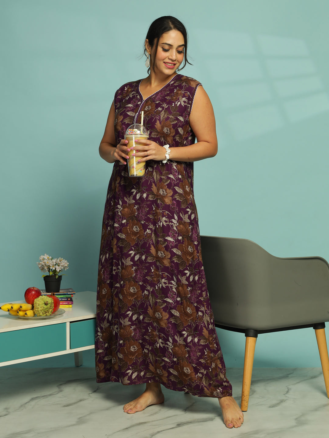 Purple Floral Sleeveless Night Dress For Women
