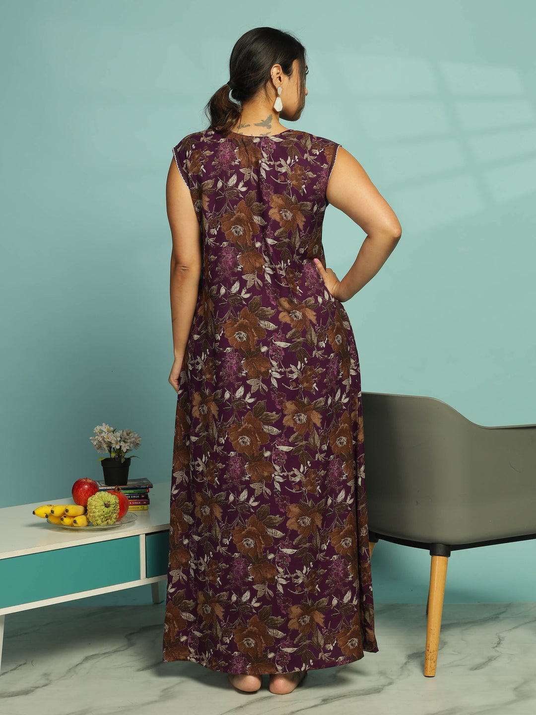 Purple Floral Sleeveless Night Dress For Women