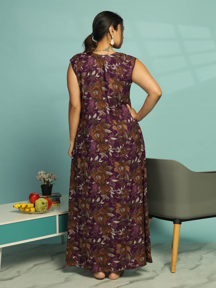 Purple Floral Sleeveless Night Dress For Women
