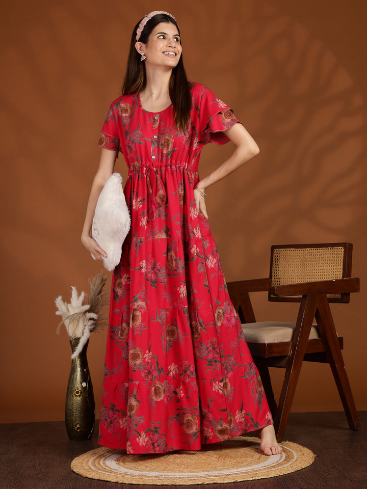 Rani Pink Floral Frock Type Nighty for Women