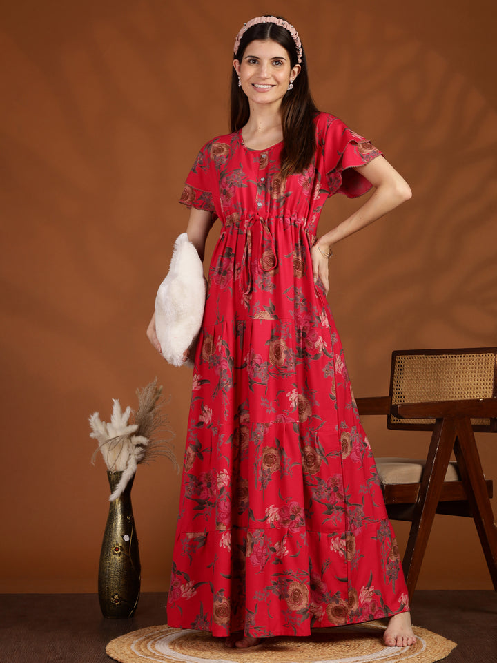 Rani Pink Floral Frock Type Nighty for Women