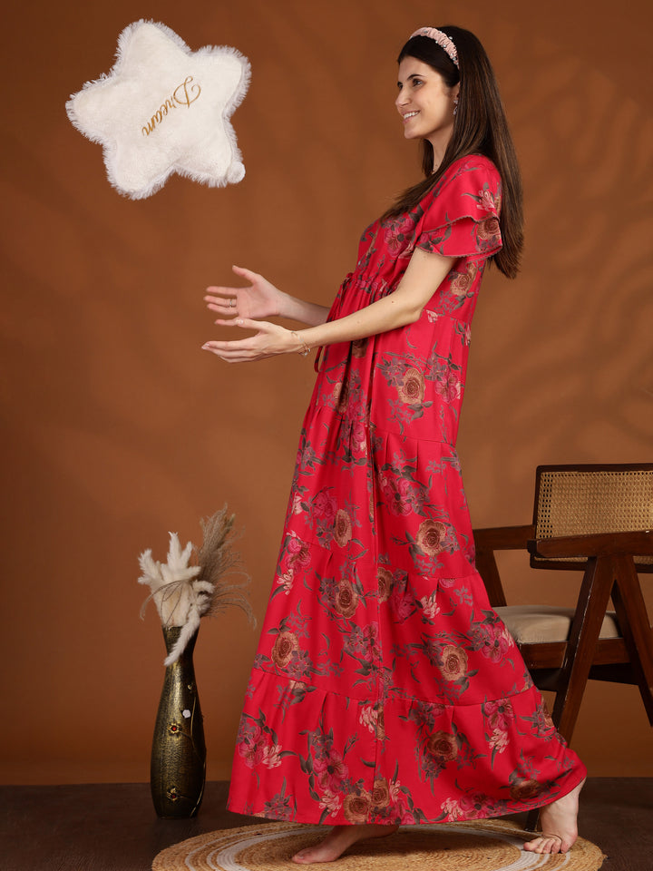 Rani Pink Floral Frock Type Nighty for Women
