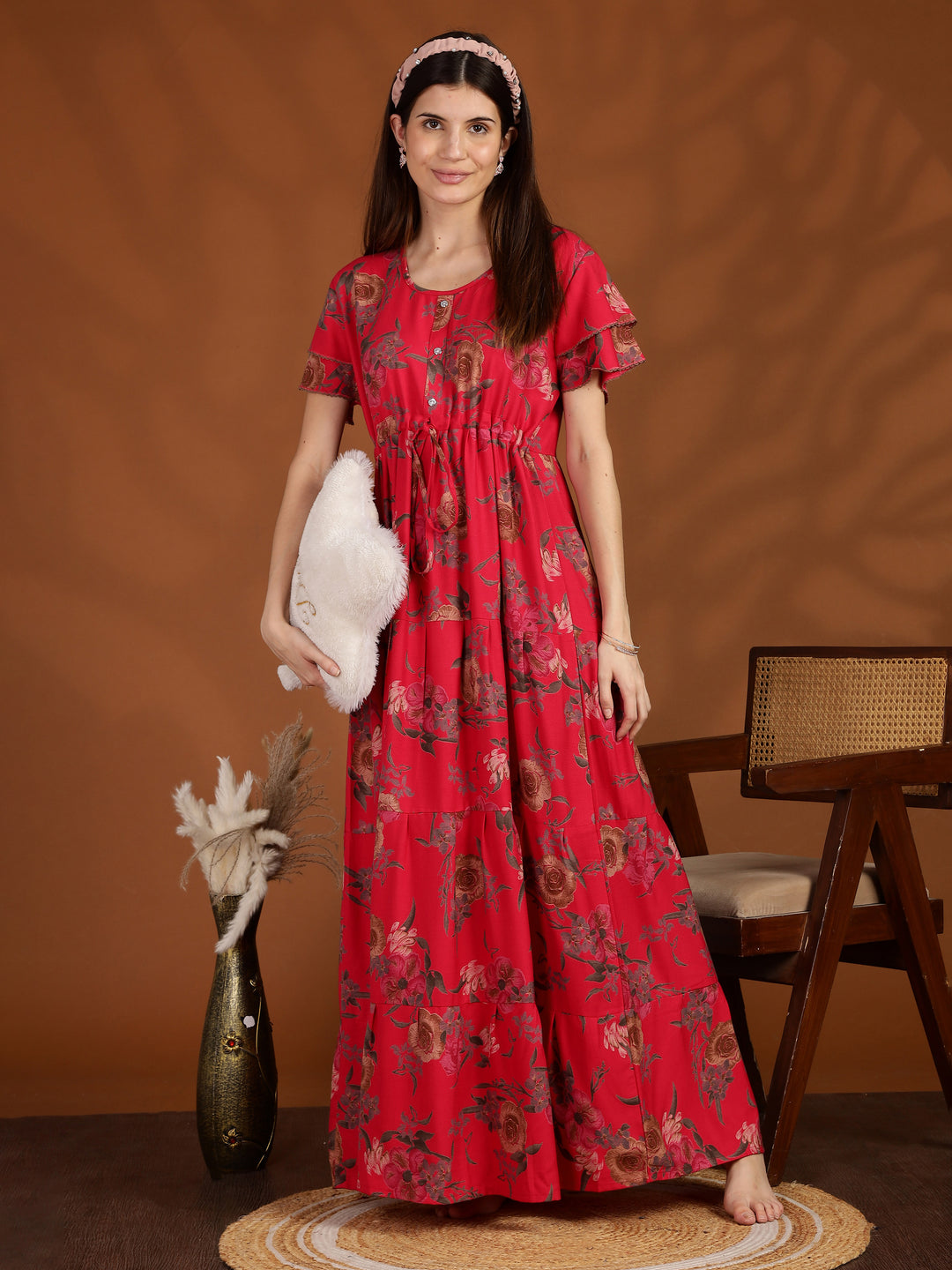 Rani Pink Floral Frock Type Nighty for Women