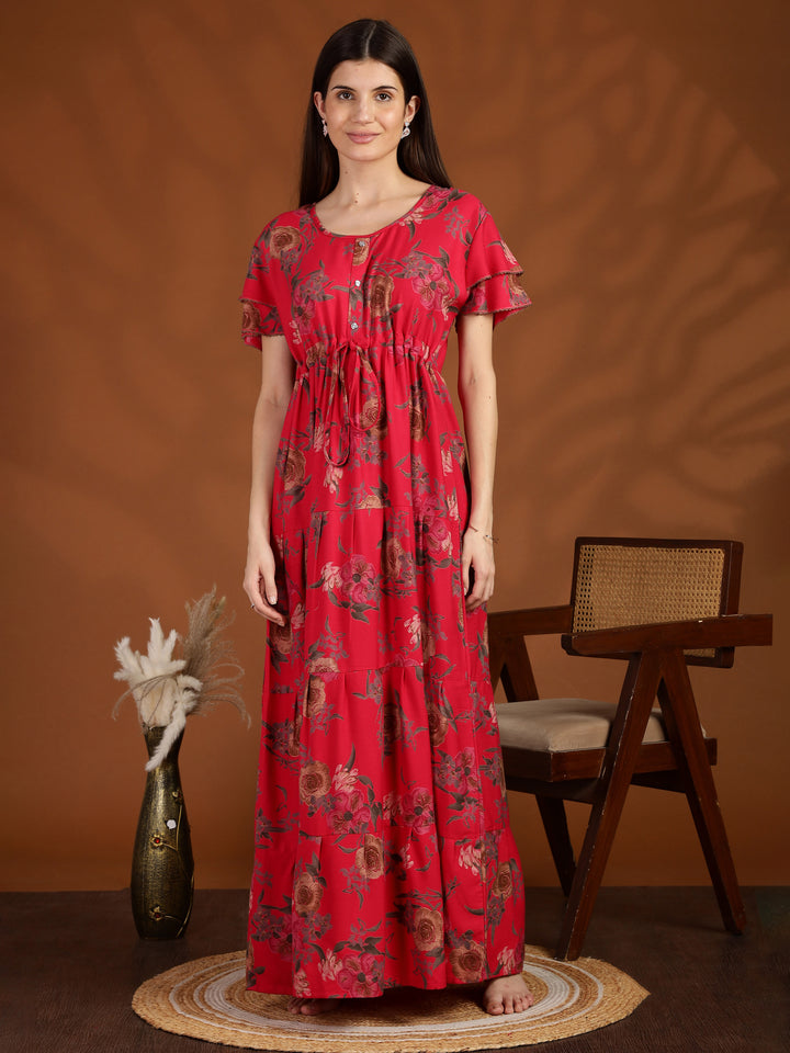 Rani Pink Floral Frock Type Nighty for Women