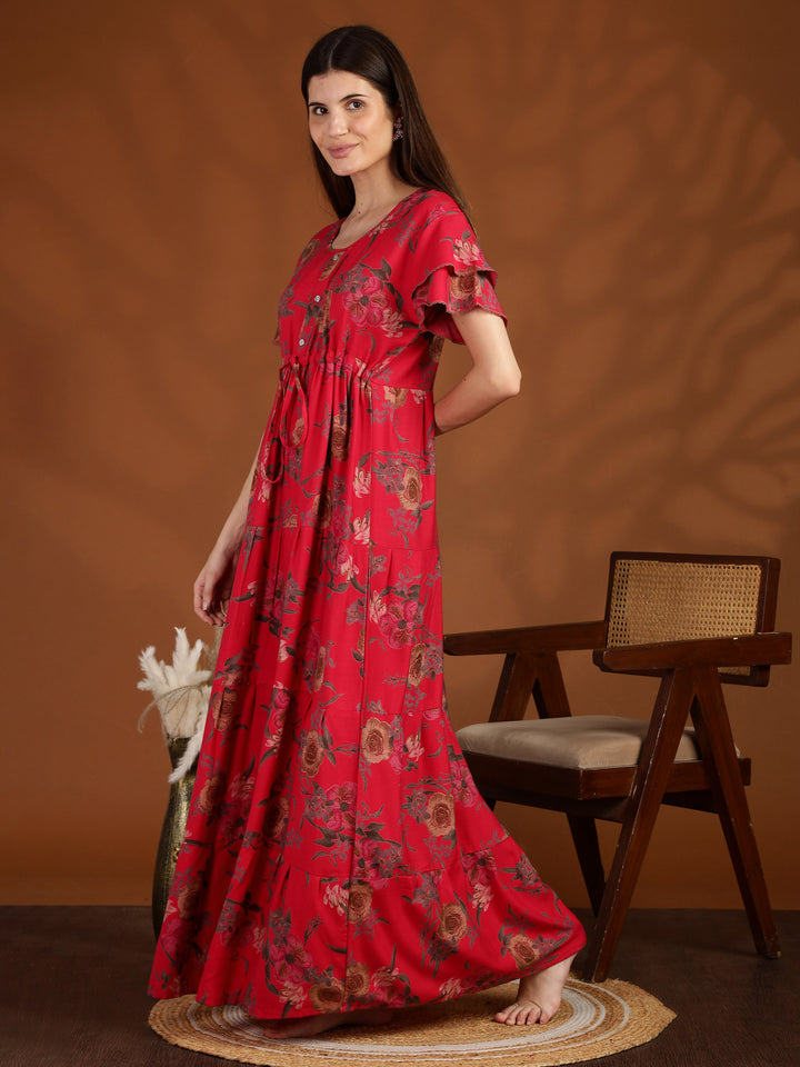 Rani Pink Floral Frock Type Nighty for Women