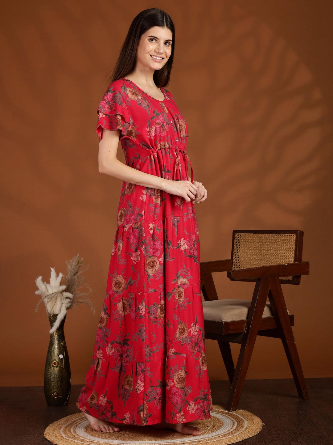 Rani Pink Floral Frock Type Nighty for Women
