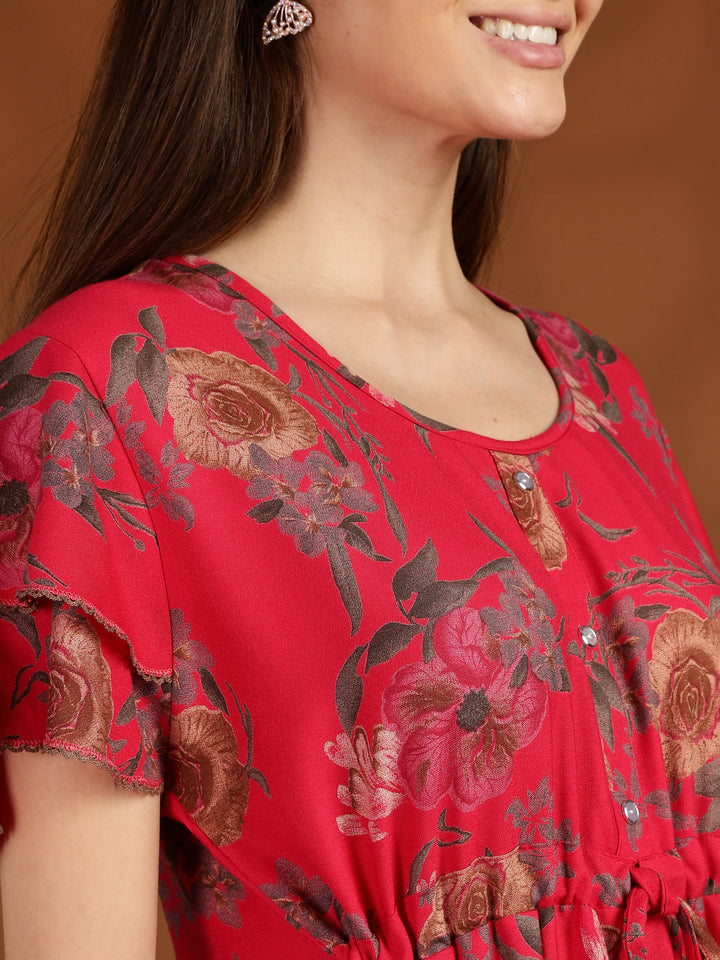 Rani Pink Floral Frock Type Nighty for Women