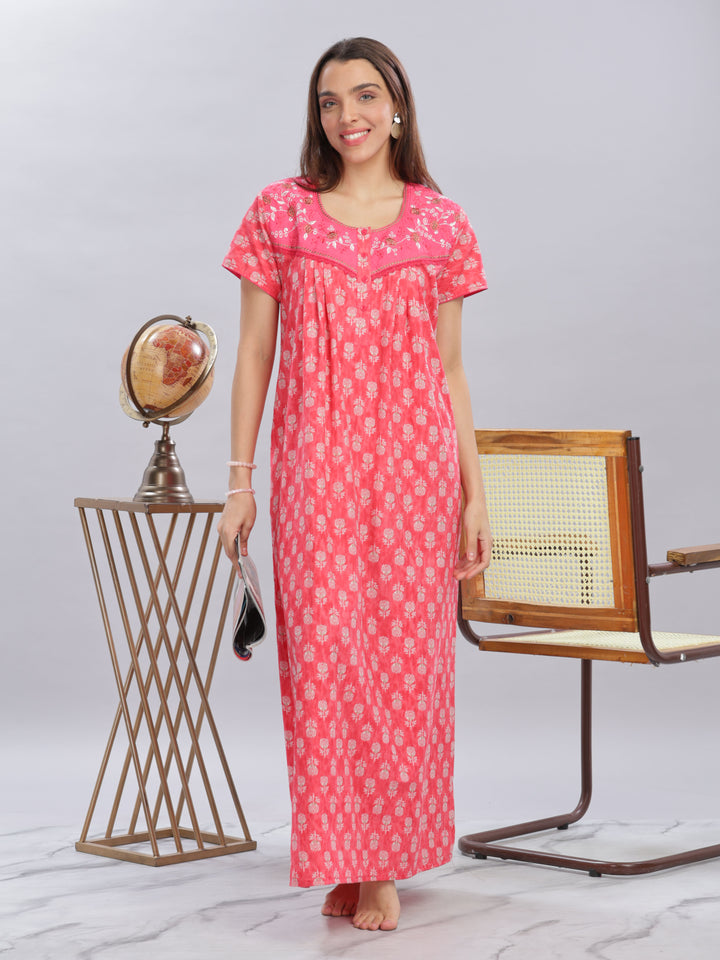 Embroidery Floral Rani Pink Pure Cotton Nighty