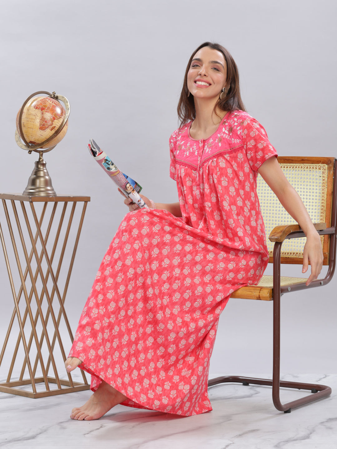 Embroidery Floral Rani Pink Pure Cotton Nighty