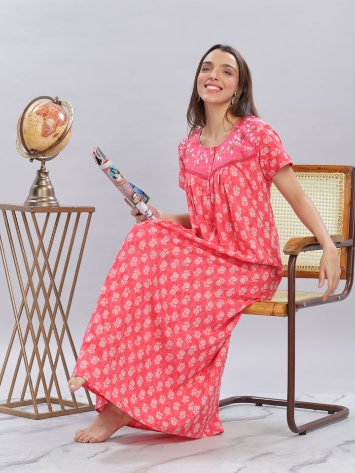 Embroidery Floral Rani Pink Pure Cotton Nighty