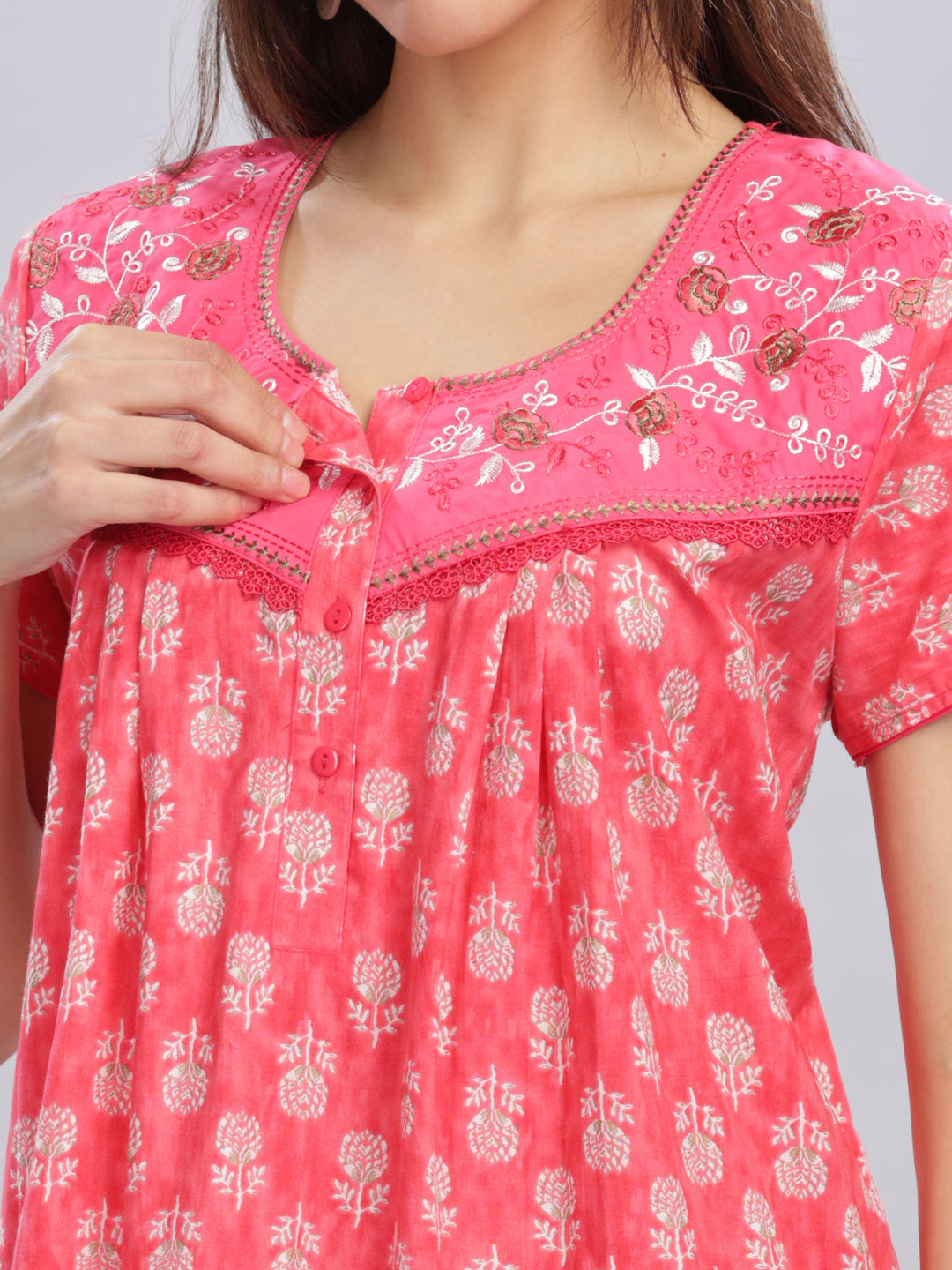 Embroidery Floral Rani Pink Pure Cotton Nighty