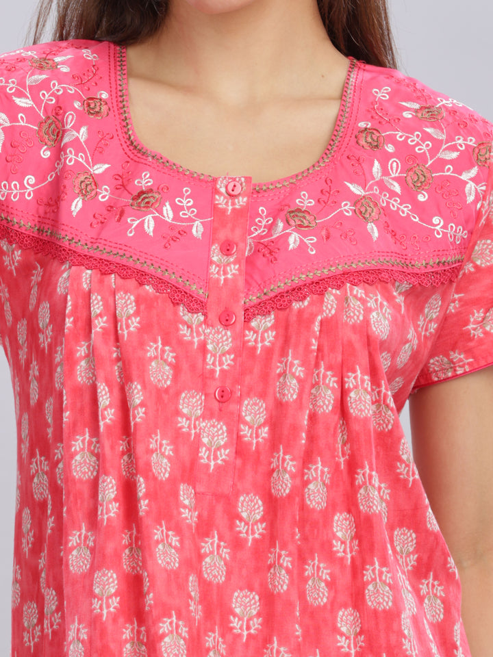 Embroidery Floral Rani Pink Pure Cotton Nighty