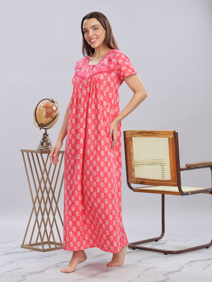 Embroidery Floral Rani Pink Pure Cotton Nighty