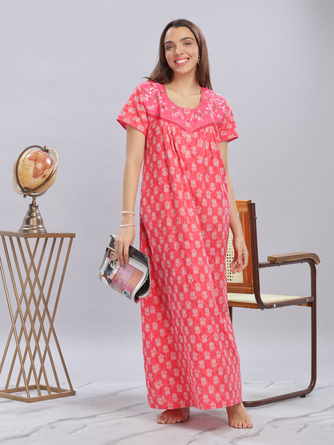 Embroidery Floral Rani Pink Pure Cotton Nighty