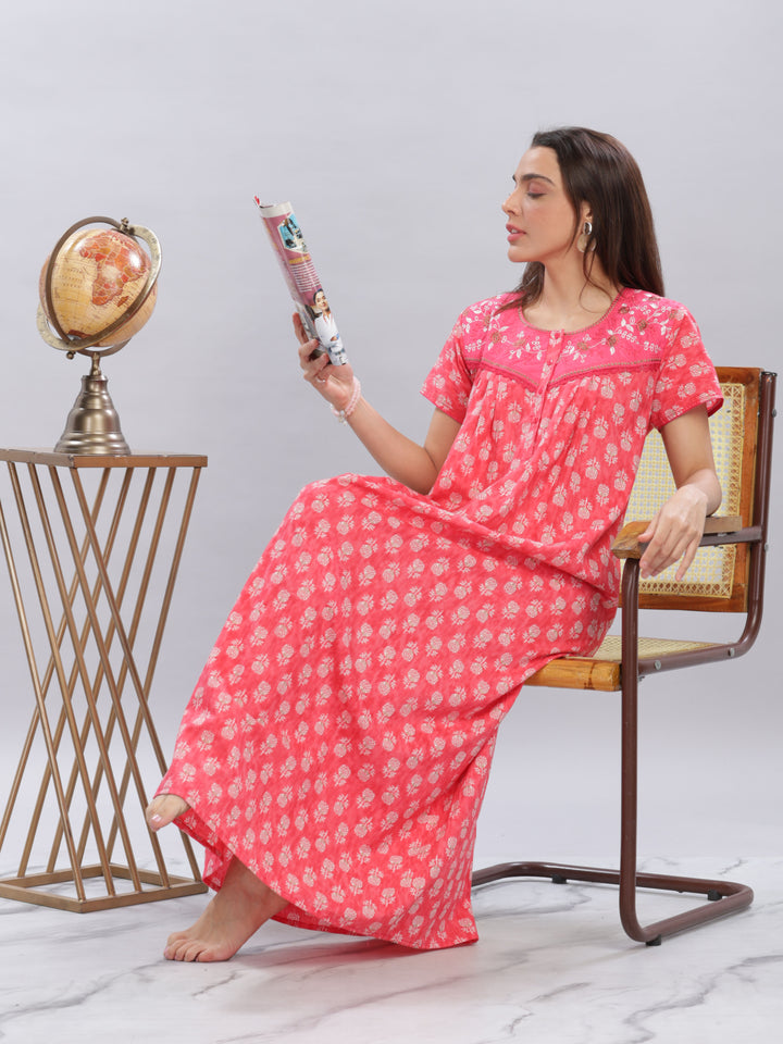 Embroidery Floral Rani Pink Pure Cotton Nighty