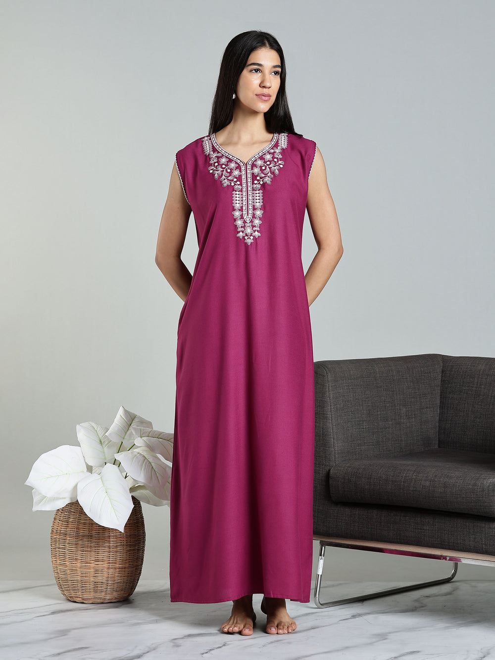 Rani Pink Embroidered Sleeveless Nighty for Women