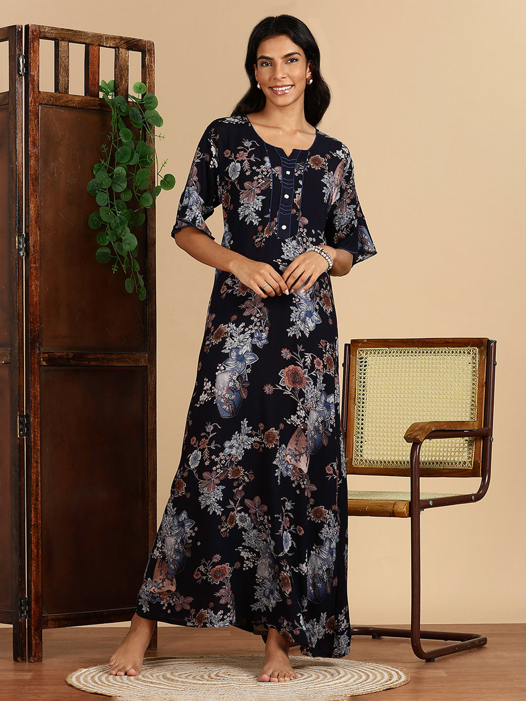 Rayon Black Floral Nighty For Women with Pocket