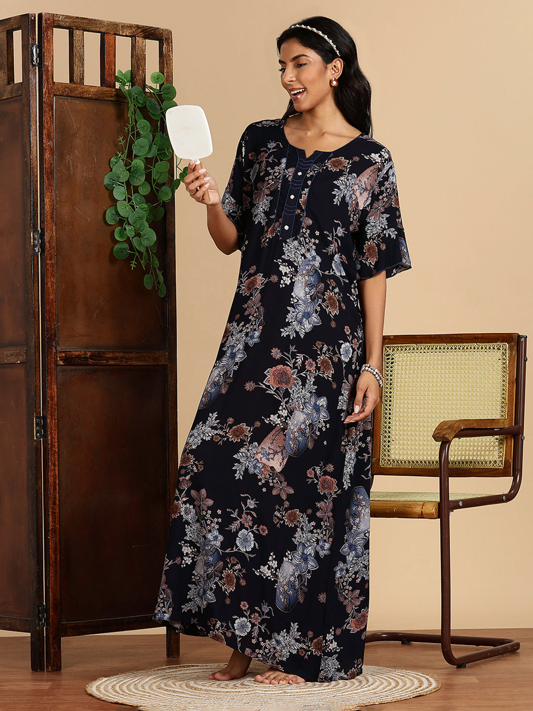 Rayon Black Floral Nighty For Women with Pocket