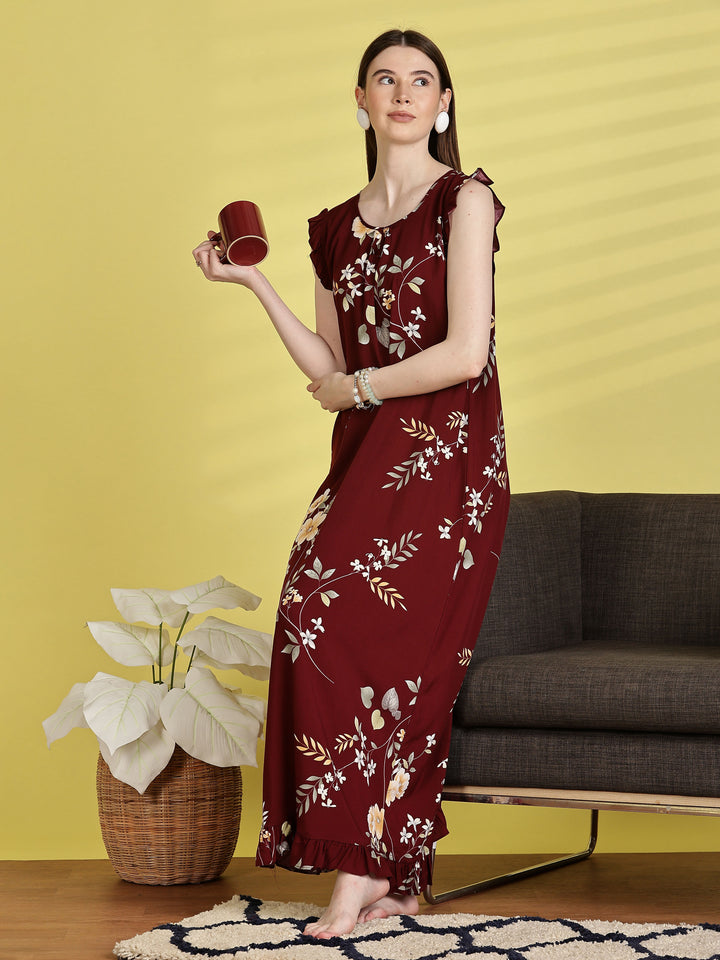 Maroon Rayon Floral Sleeveless Nighties for Women